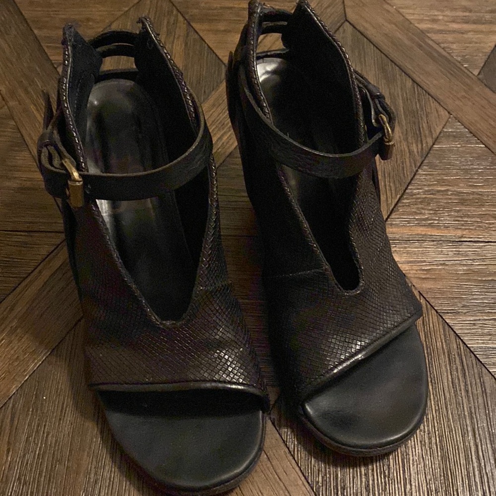 AS98 Y2K Black Leather Opened Toe Wedge Sandals 39